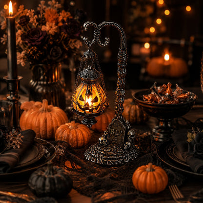 🎃 Gothic Pumpkin Lantern Stand | Warm Orange LED Glow, Victorian Skull Details & Haunted Shelf Decor 🕯️