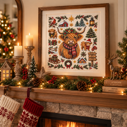 🐮 A Highland Christmas – Cozy Holiday Cross Stitch Kit
