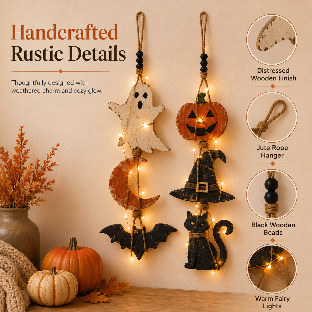 Lighted Halloween Hanging Wall Decor Set of 2 – Ghost Moon Bat & Pumpkin Witch Hat Cat