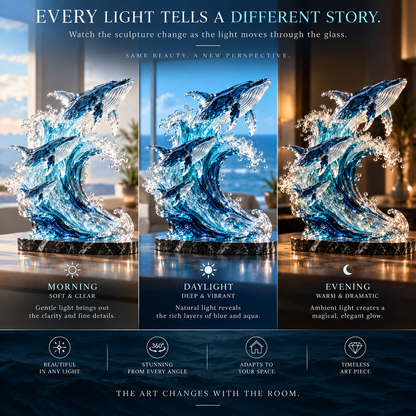 🐋 Becoming Ocean – Three Whales Rising from the Wave Glass Sculpture