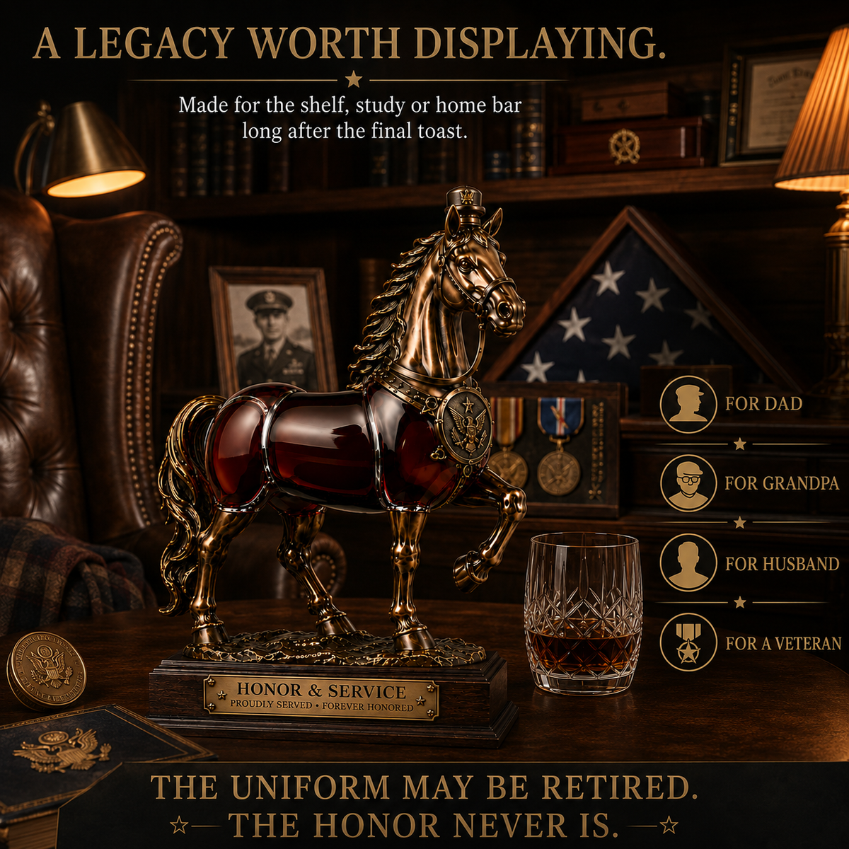 Honor & Service Military Retirement Horse Decanter – Veteran Commemorative Keepsake Gift
