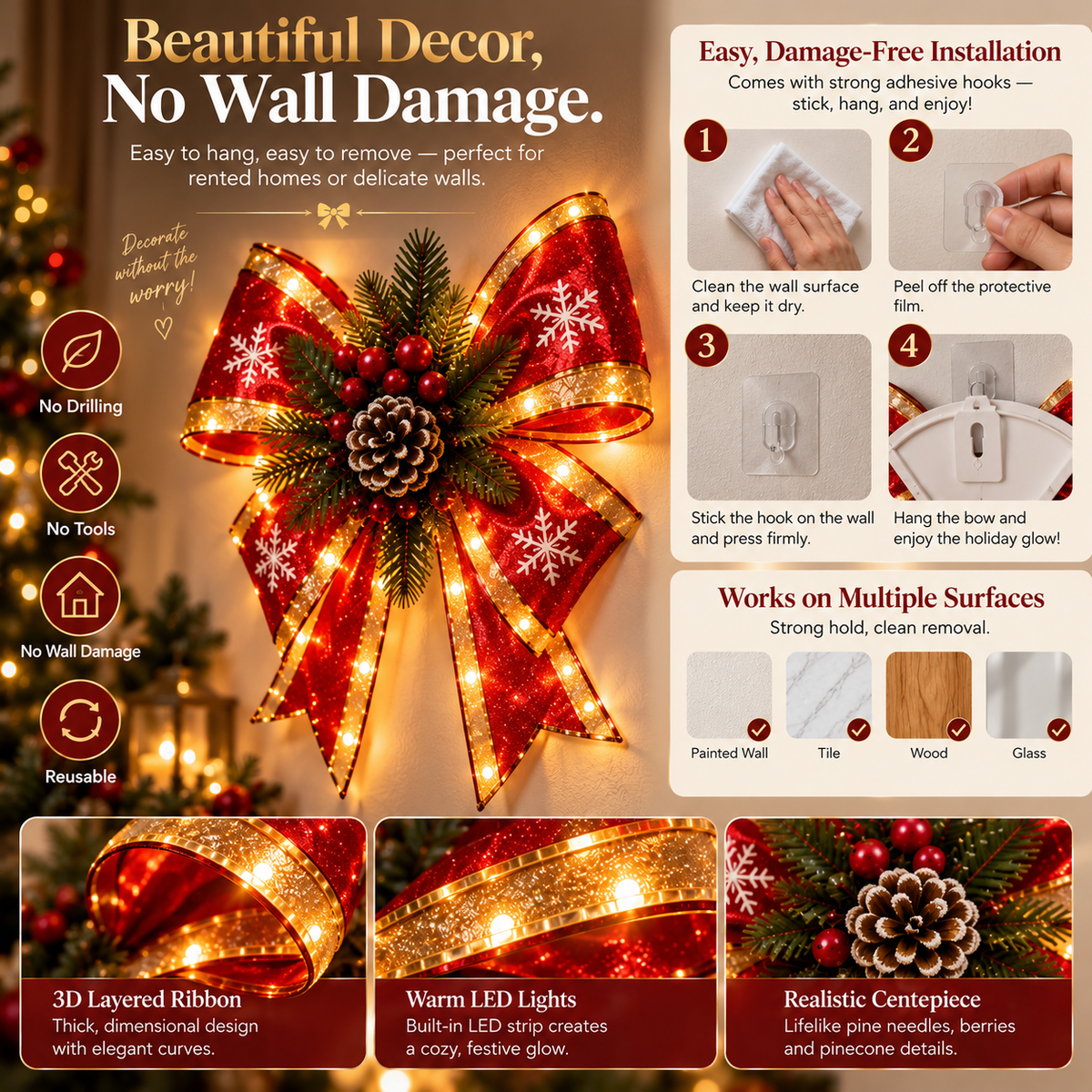 🎀 Glowing Christmas Bow Wall Decor – A Warm Touch for the Holidays