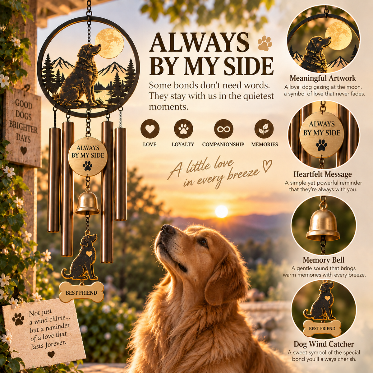 🐾 Always By My Side – Dog Lover Wind Chime with Memory Bell 🔔