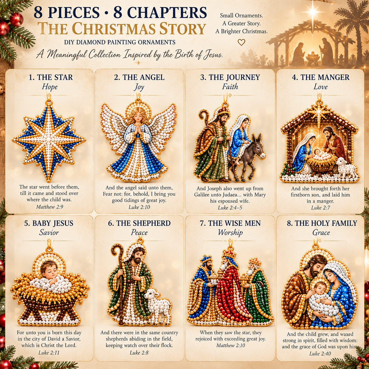 The Christmas Story – 8-Piece DIY Faith Ornament Collection ✨