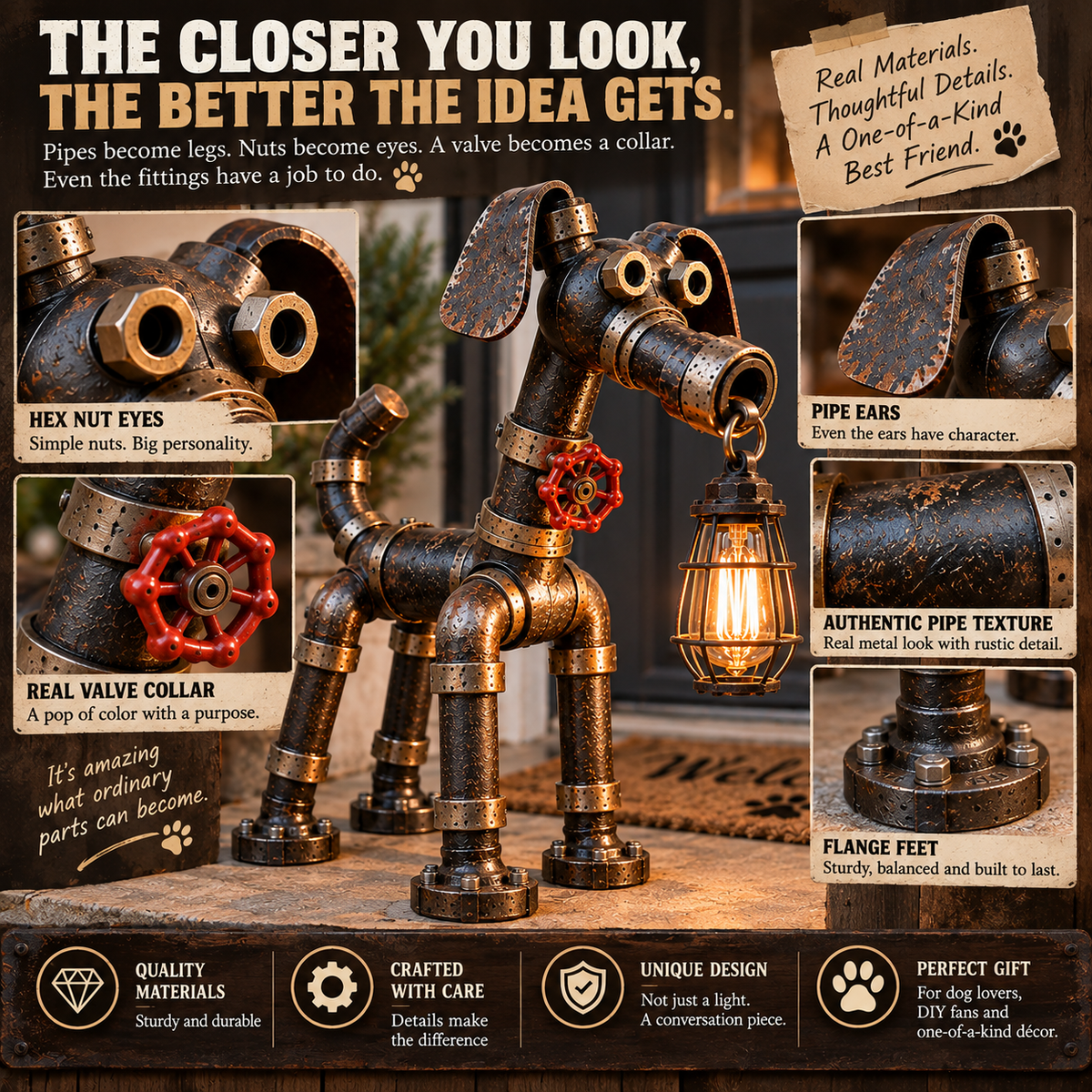 Pipe Pup Watchdog Lamp – Industrial Dog Lantern Sculpture 🐾💡
