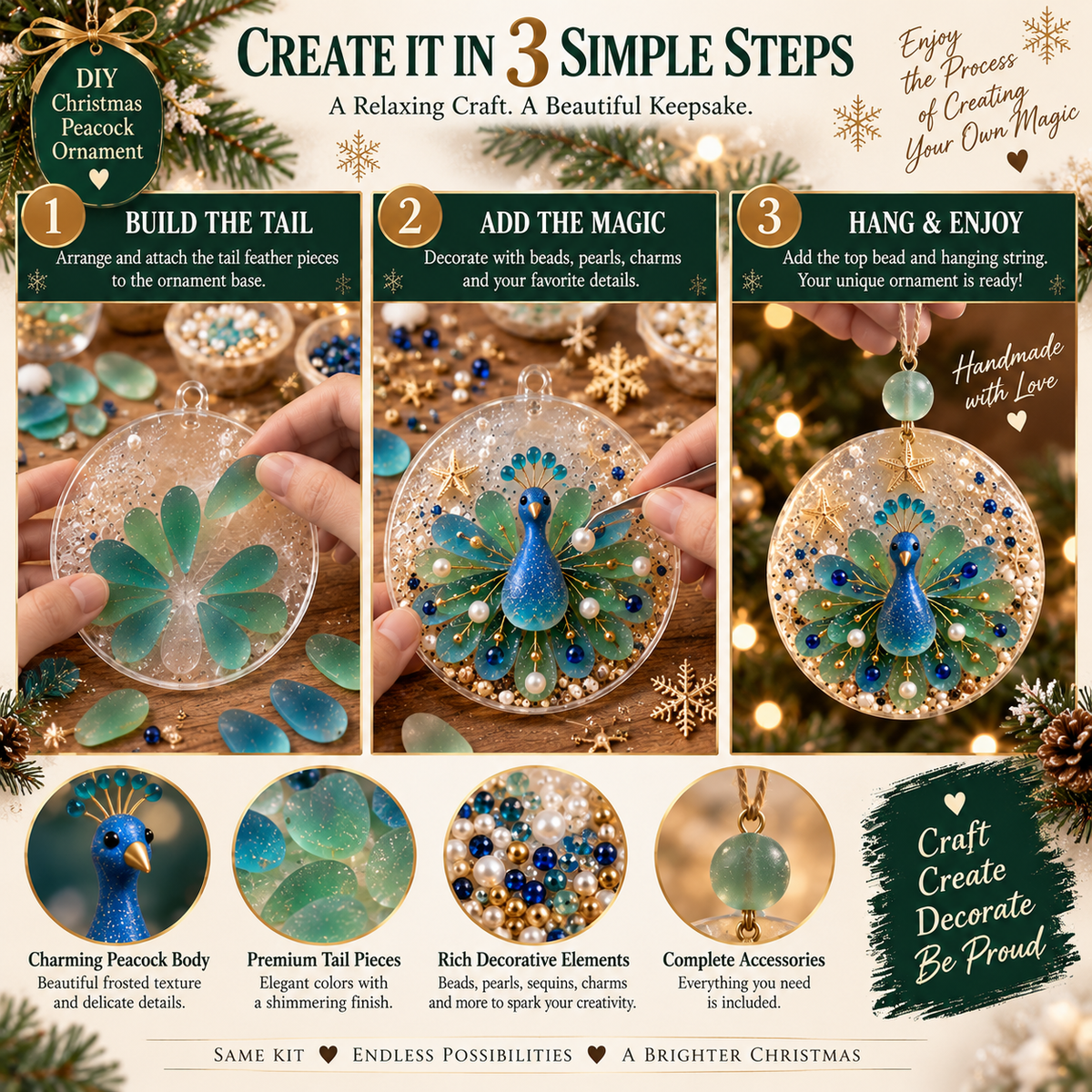 DIY Peacock Christmas Ornament Kit – Create Your Own Festive Peacock, Holiday Craft Kit & Handmade Keepsake