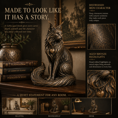The Quiet Guardian Maine Coon Sculpture – Vintage-Inspired Cat Keepsake with Heart Charm