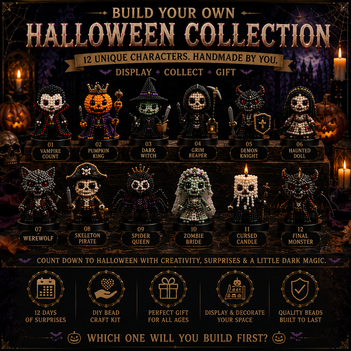 12 Nights of Halloween DIY Bead Countdown Kit – 12 Spooky Characters to Build & Collect