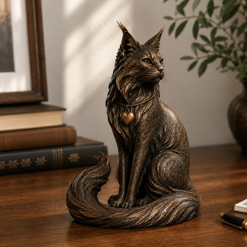 The Quiet Guardian Maine Coon Sculpture – Vintage-Inspired Cat Keepsake with Heart Charm