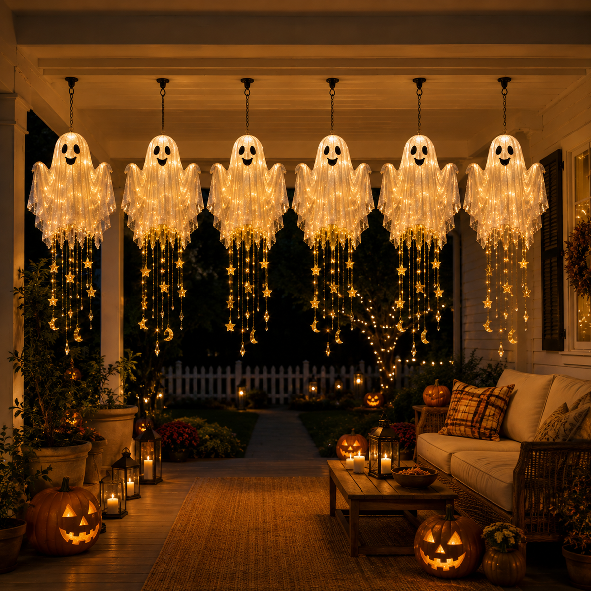 👻 Lighted Floating Ghost Hanging Chandelier – Halloween LED Porch Decoration