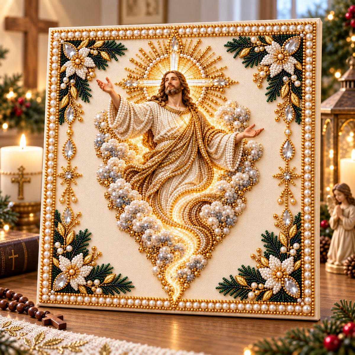 ⏳ Last Day 50% OFF – ✝️ Beginner-Friendly Christian Pearl Bead Art Kit | Pre-Printed Design with Built-In Wooden Frame & Complete Tools 💕