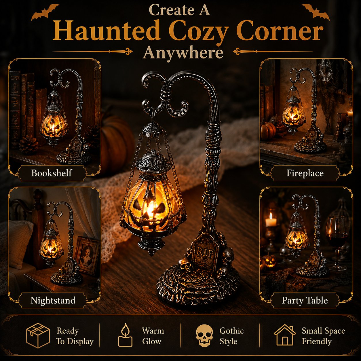 🎃 Gothic Pumpkin Lantern Stand | Warm Orange LED Glow, Victorian Skull Details & Haunted Shelf Decor 🕯️