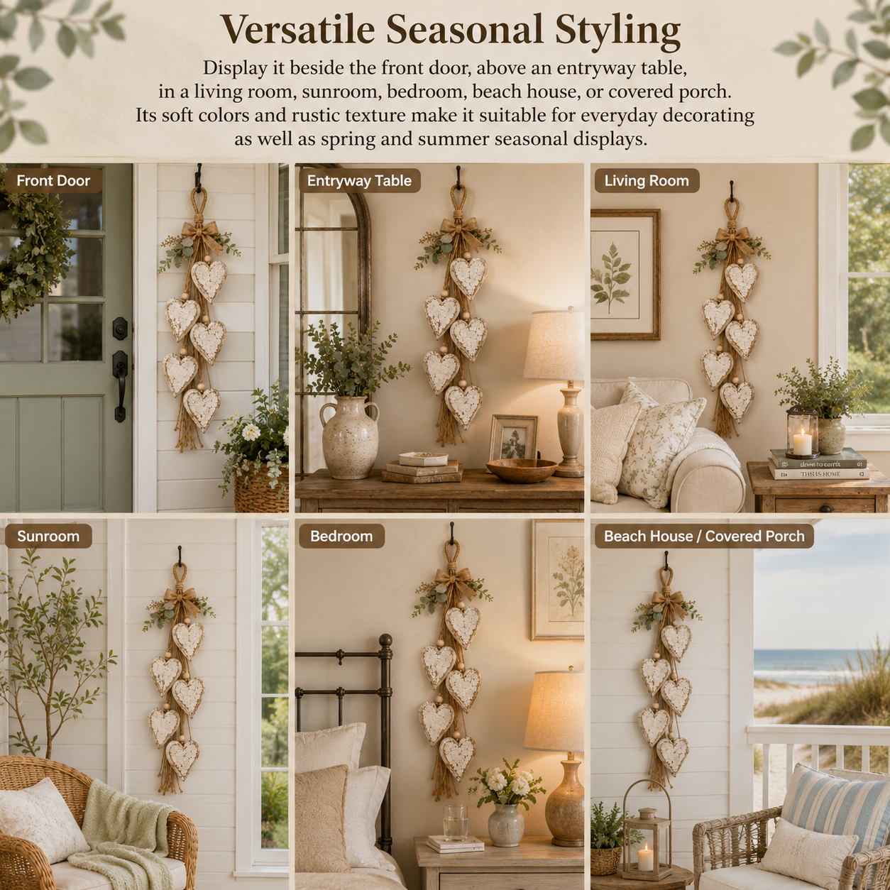 Five-Heart Hanging Wall Decor – Rustic Farmhouse & Coastal Styles