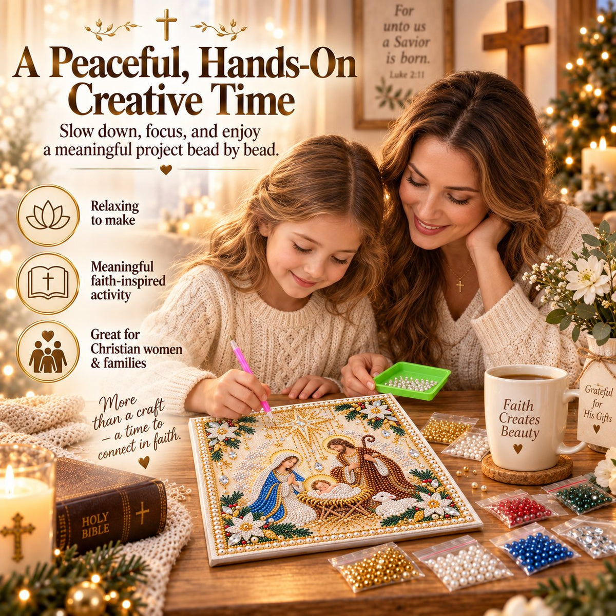 ⏳ Last Day 50% OFF – ✝️ Beginner-Friendly Christian Pearl Bead Art Kit | Pre-Printed Design with Built-In Wooden Frame & Complete Tools 💕