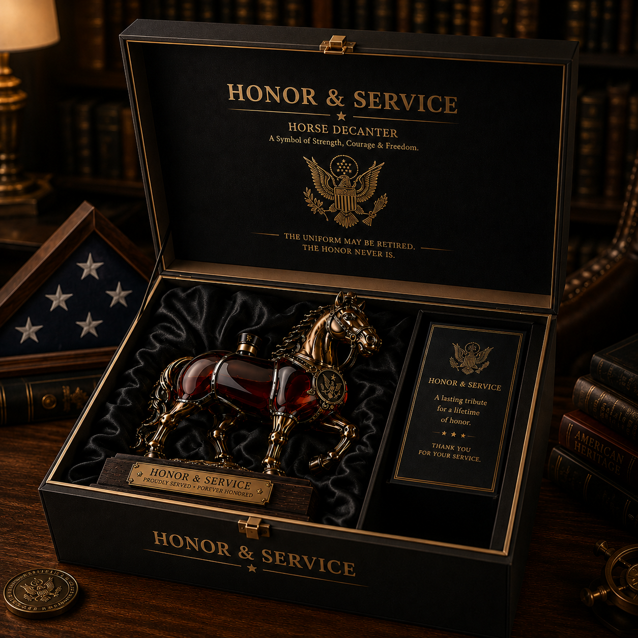 Honor & Service Military Retirement Horse Decanter – Veteran Commemorative Keepsake Gift