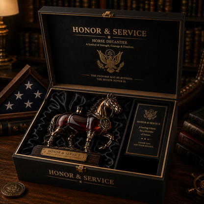 Honor & Service Military Retirement Horse Decanter – Veteran Commemorative Keepsake Gift