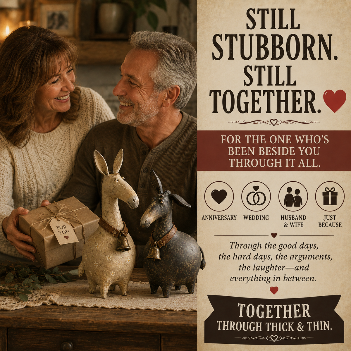 The Stubborn Pair – Rustic Donkey Couple Figurines, Farmhouse Folk Art Decor & Meaningful Anniversary Gift