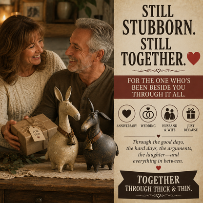 The Stubborn Pair – Rustic Donkey Couple Figurines, Farmhouse Folk Art Decor & Meaningful Anniversary Gift