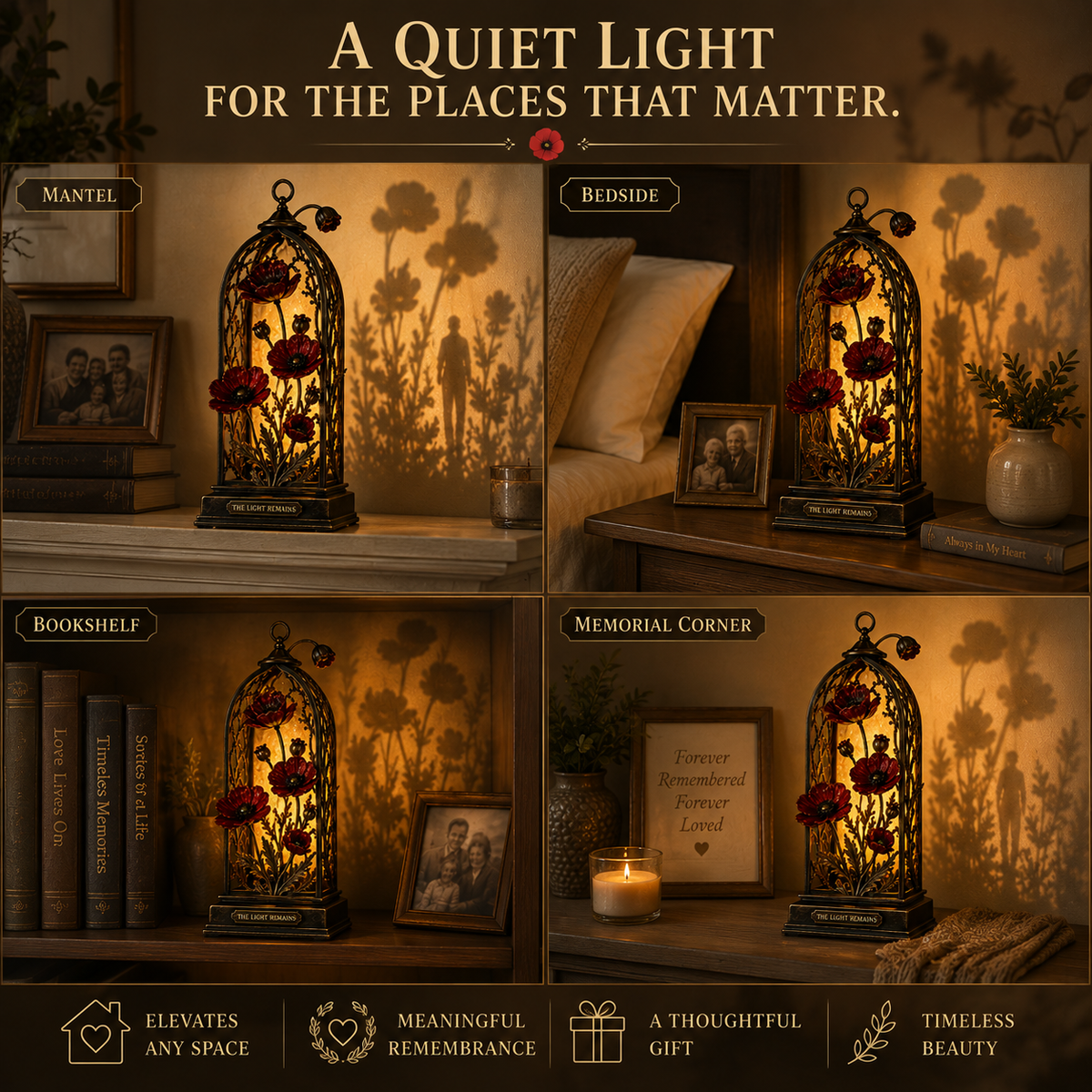 The Light Remains Memorial Poppy Lantern – Warm Remembrance Light & Meaningful Sympathy Keepsake