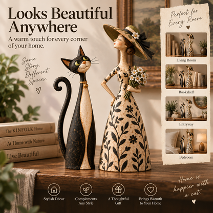 Whimsical Lady & Cat Figurine Set – Vintage-Inspired Home Decor for Cat Lovers