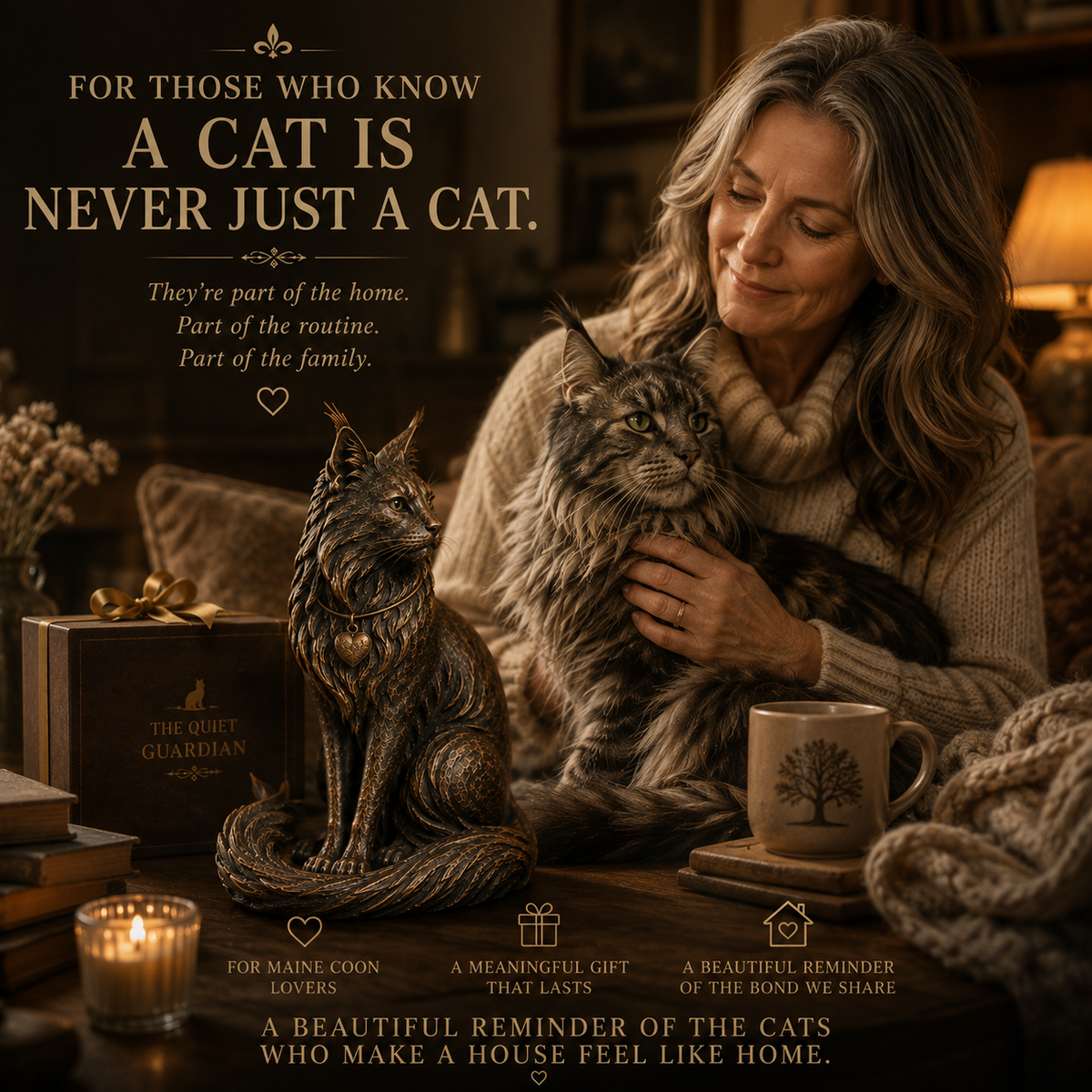 The Quiet Guardian Maine Coon Sculpture – Vintage-Inspired Cat Keepsake with Heart Charm
