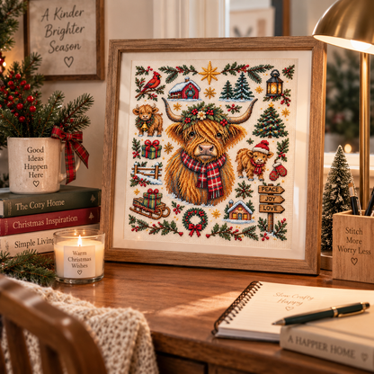 🐮 A Highland Christmas – Cozy Holiday Cross Stitch Kit