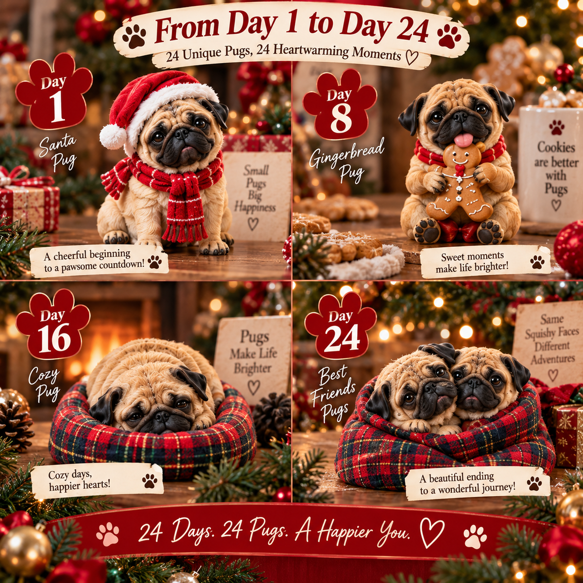 🐾 24 Days of Pug Moments – 24 Unique Pug Collectible Figurines