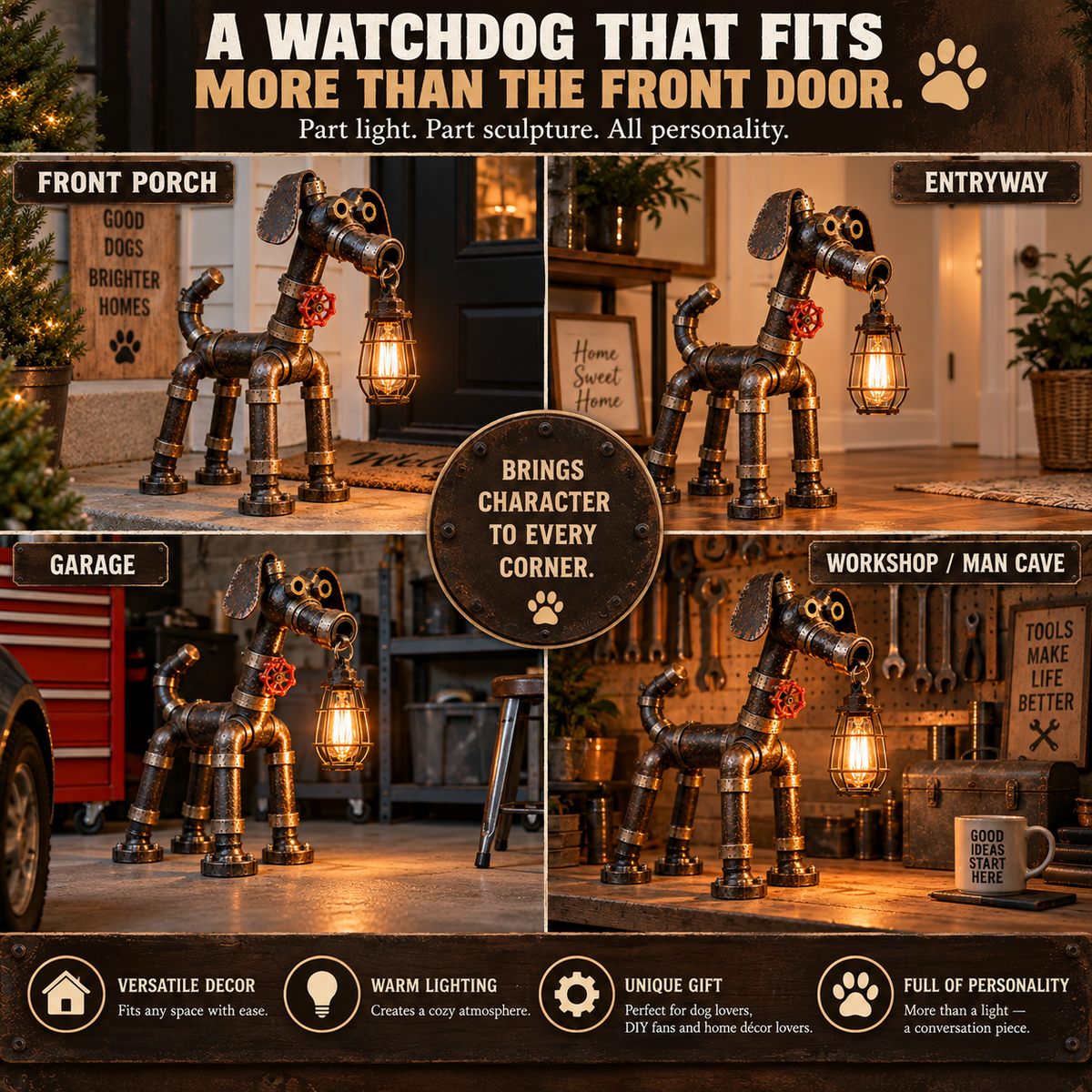 Pipe Pup Watchdog Lamp – Industrial Dog Lantern Sculpture 🐾💡