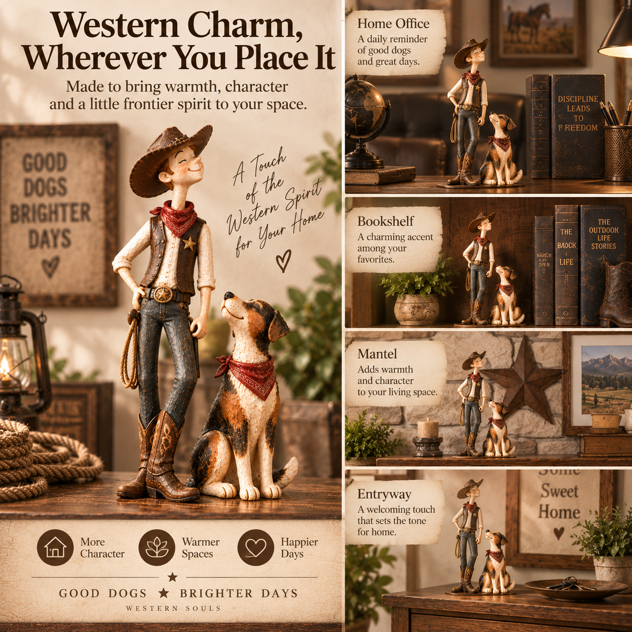 Cowboy & Loyal Dog Figurine Set – Rustic Western Home Decor & Gift for Men