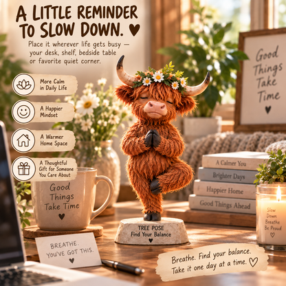 🧘 Find Your Balance – Highland Cow Yoga Figurine