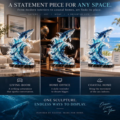 🐋 Becoming Ocean – Three Whales Rising from the Wave Glass Sculpture
