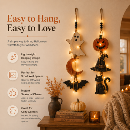 Lighted Halloween Hanging Wall Decor Set of 2 – Ghost Moon Bat & Pumpkin Witch Hat Cat