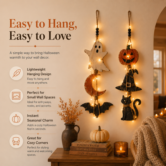 Lighted Halloween Hanging Wall Decor Set of 2 – Ghost Moon Bat & Pumpkin Witch Hat Cat