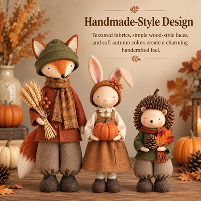 🍂 Three Little Forest Friends – Fox, Bunny & Hedgehog Harvest Figurine Set