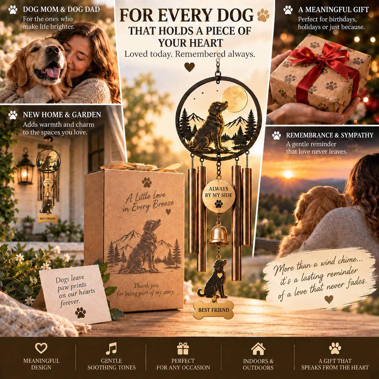 🐾 Always By My Side – Dog Lover Wind Chime with Memory Bell 🔔