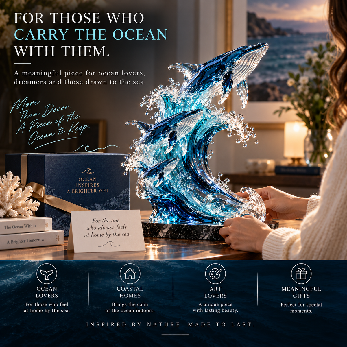 🐋 Becoming Ocean – Three Whales Rising from the Wave Glass Sculpture