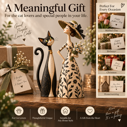 Whimsical Lady & Cat Figurine Set – Vintage-Inspired Home Decor for Cat Lovers