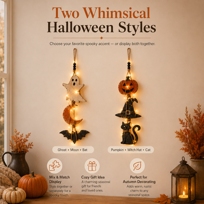 Lighted Halloween Hanging Wall Decor Set of 2 – Ghost Moon Bat & Pumpkin Witch Hat Cat