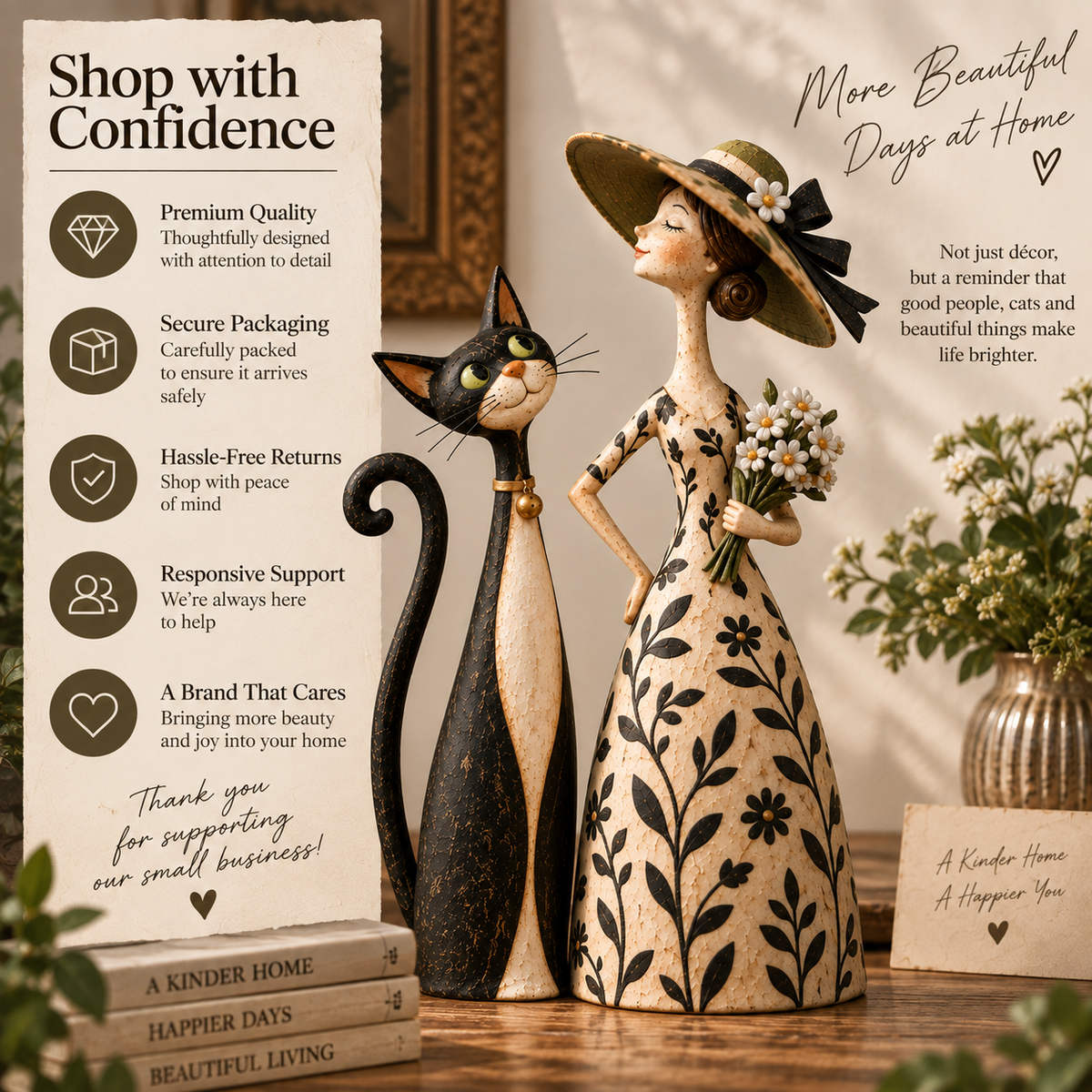 Whimsical Lady & Cat Figurine Set – Vintage-Inspired Home Decor for Cat Lovers