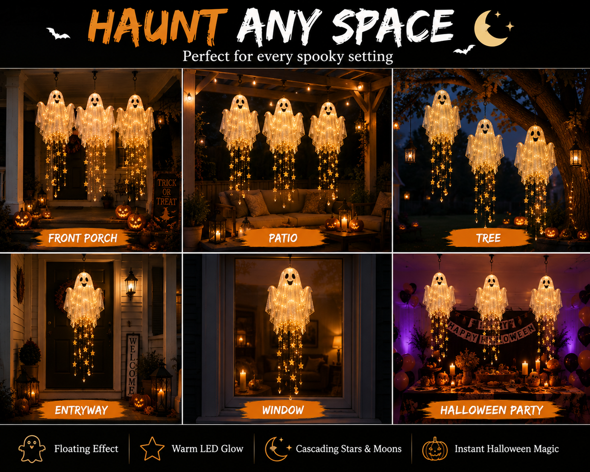 👻 Lighted Floating Ghost Hanging Chandelier – Halloween LED Porch Decoration