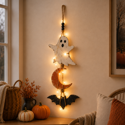 Lighted Halloween Hanging Wall Decor Set of 2 – Ghost Moon Bat & Pumpkin Witch Hat Cat