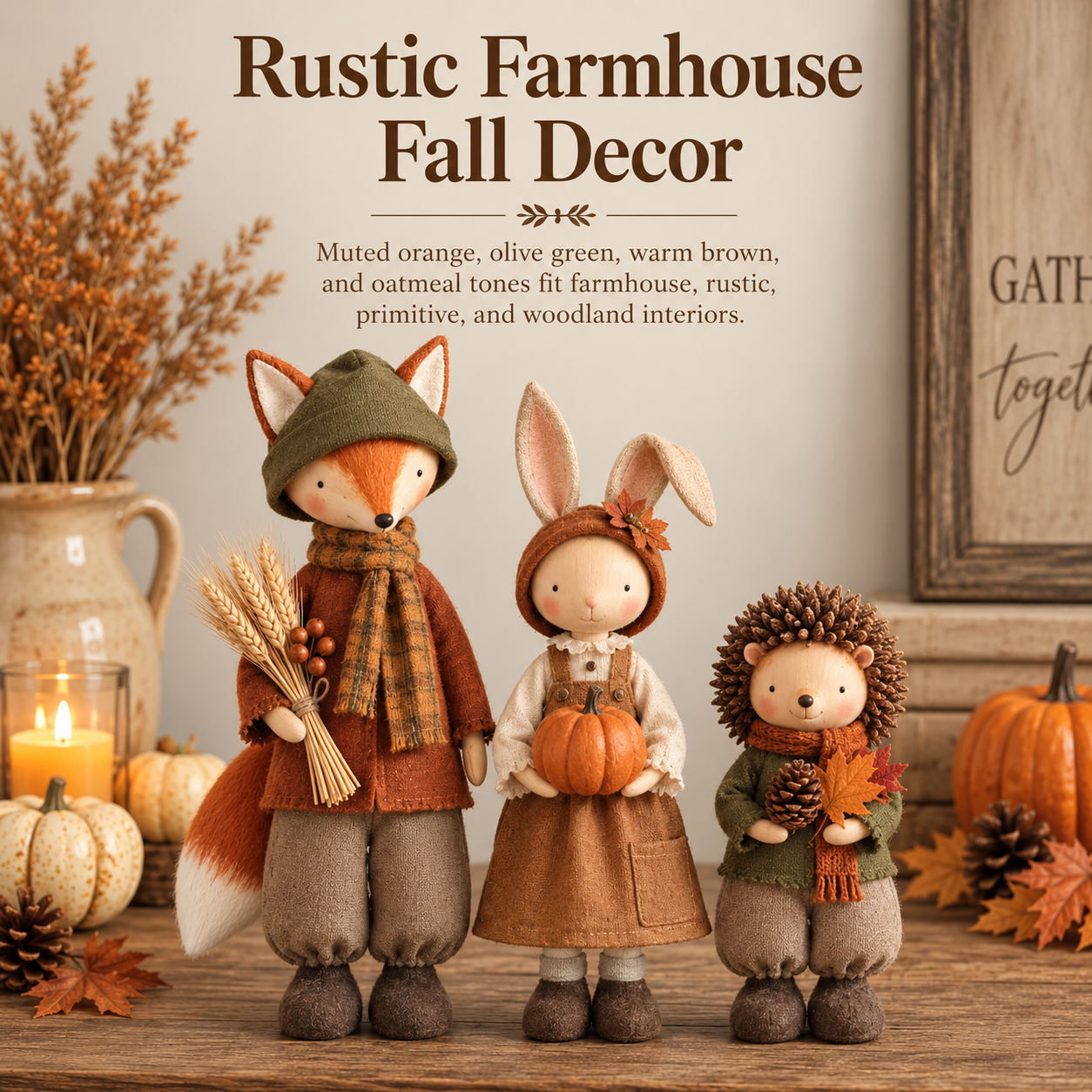 🍂 Three Little Forest Friends – Fox, Bunny & Hedgehog Harvest Figurine Set