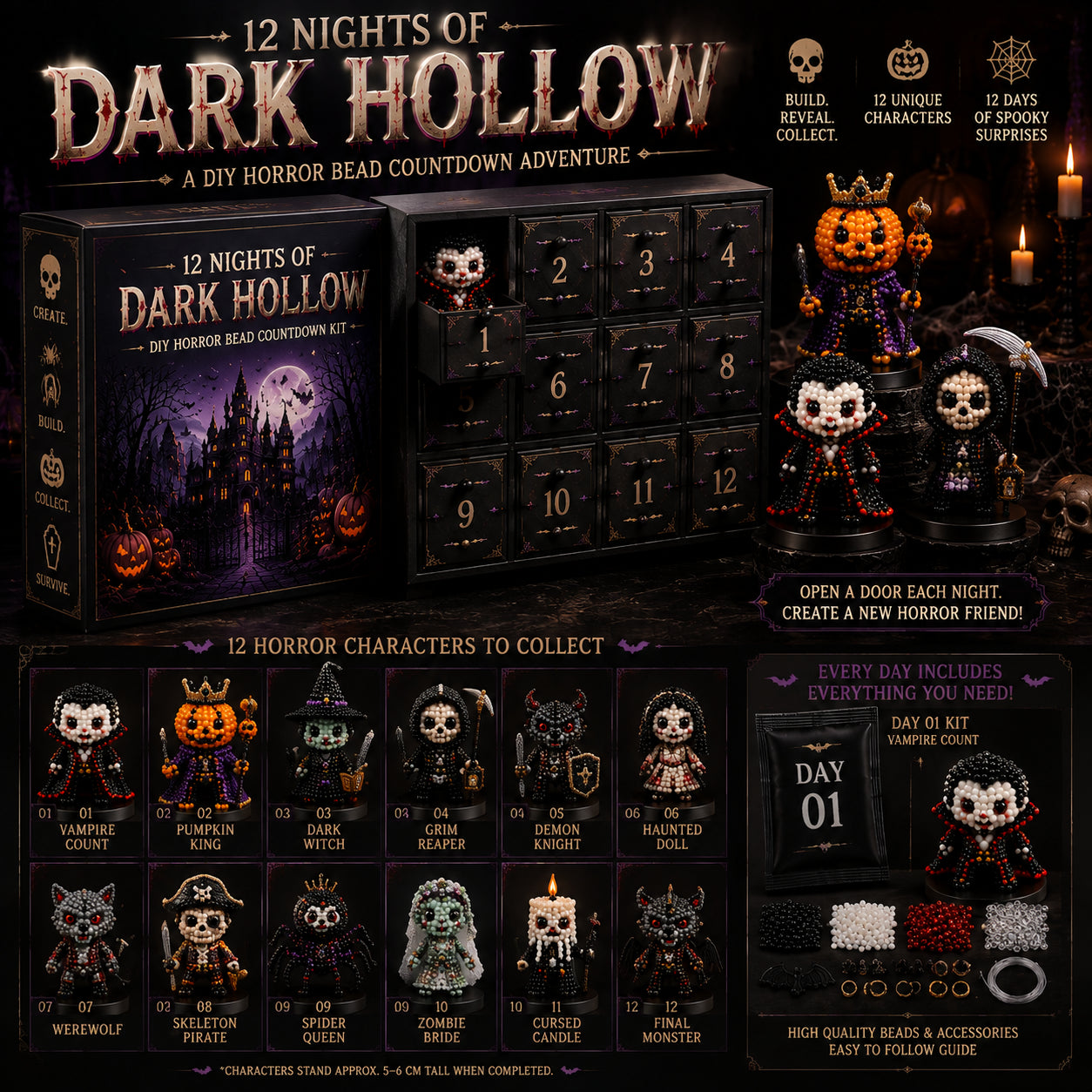 12 Nights of Halloween DIY Bead Countdown Kit – 12 Spooky Characters to Build & Collect
