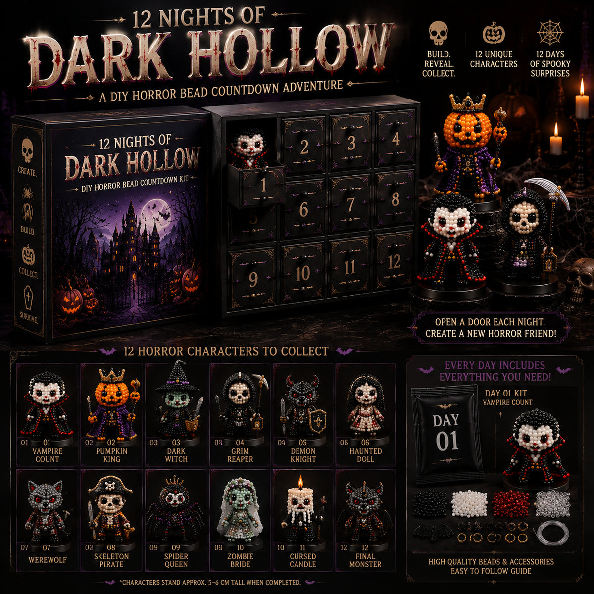 12 Nights of Halloween DIY Bead Countdown Kit – 12 Spooky Characters to Build & Collect
