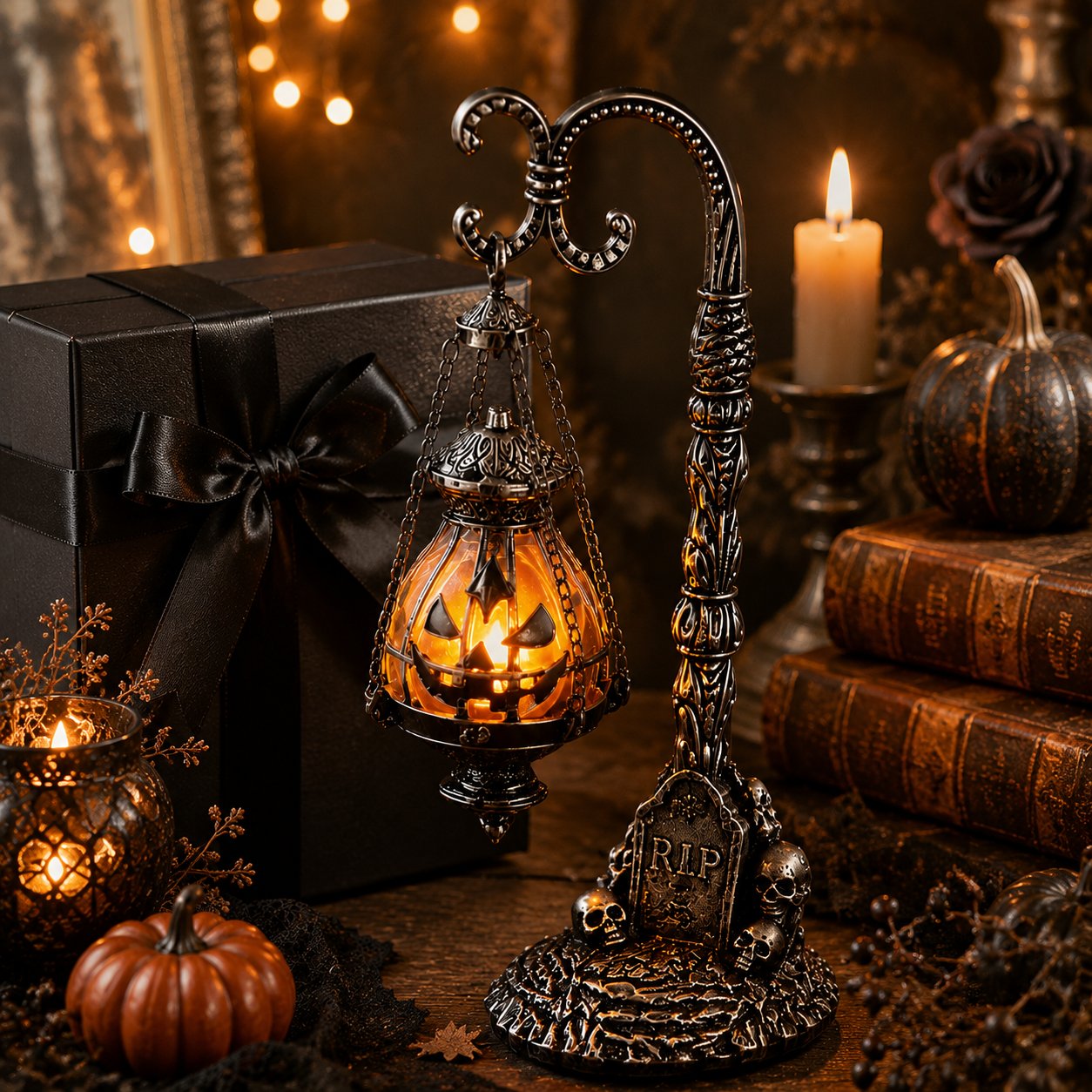 🎃 Gothic Pumpkin Lantern Stand | Warm Orange LED Glow, Victorian Skull Details & Haunted Shelf Decor 🕯️