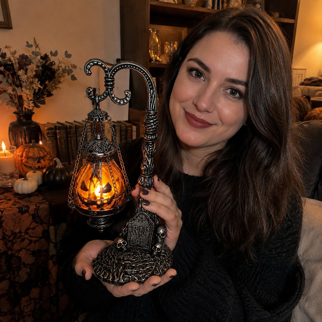 🎃 Gothic Pumpkin Lantern Stand | Warm Orange LED Glow, Victorian Skull Details & Haunted Shelf Decor 🕯️