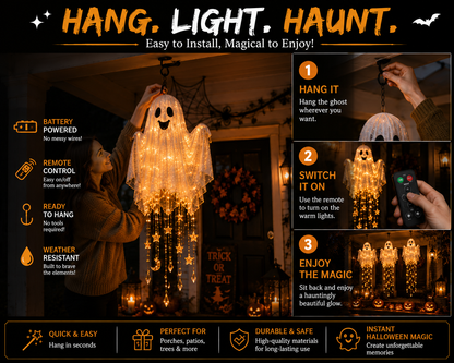 👻 Lighted Floating Ghost Hanging Chandelier – Halloween LED Porch Decoration