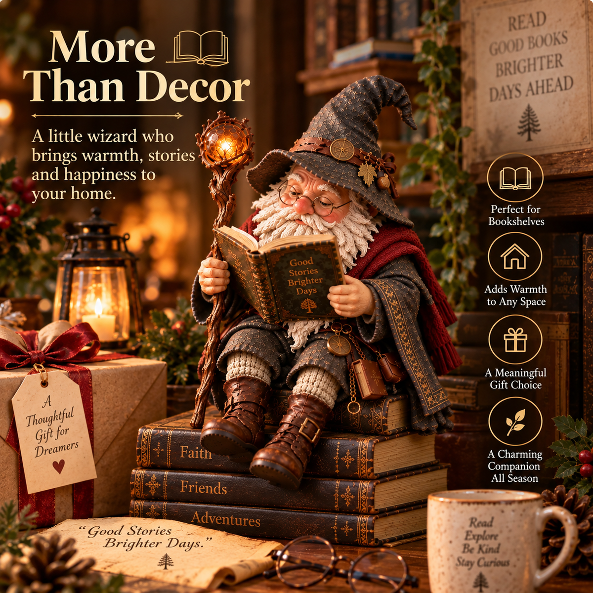 🔥LAST DAY 50% OFF🧙‍♂️ The Wandering Scholar Gnome – Enchanted Reading Wizard Figurine
