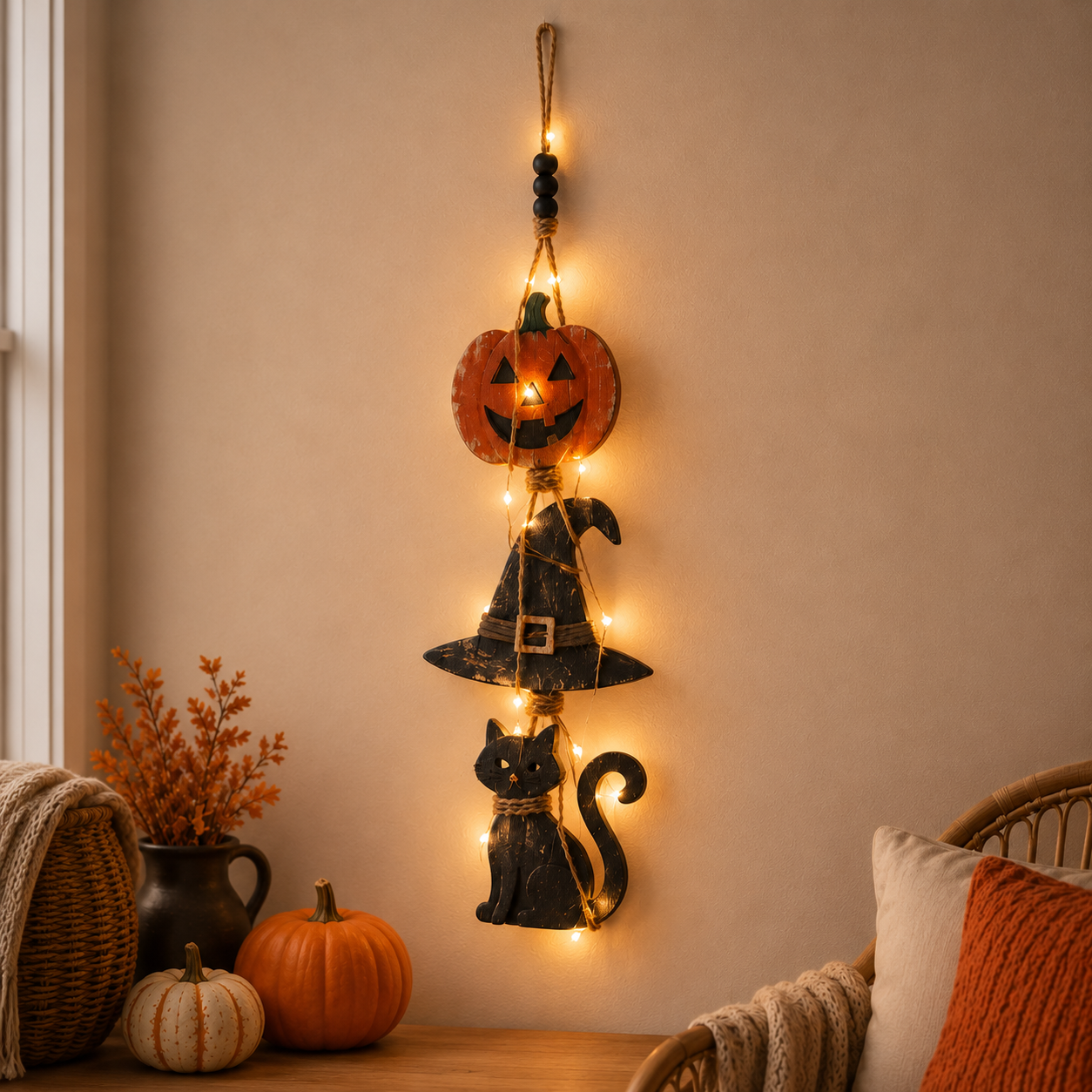 Lighted Halloween Hanging Wall Decor Set of 2 – Ghost Moon Bat & Pumpkin Witch Hat Cat