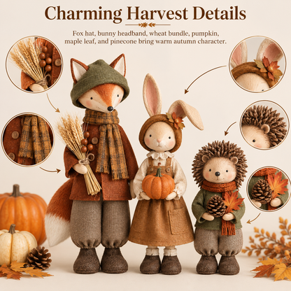 🍂 Three Little Forest Friends – Fox, Bunny & Hedgehog Harvest Figurine Set